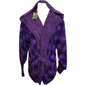 Hoosed Sweater Cardigan Robe Purple Black Check Tie Belt Pockets  1992 Vintage